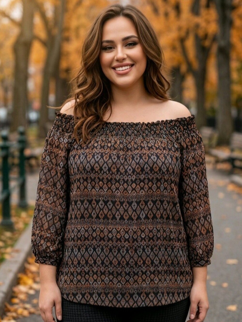 🖤🍂 CATHERINES Plus-size Bohemian Geometric Diamond Smocked Peasant Top 3X